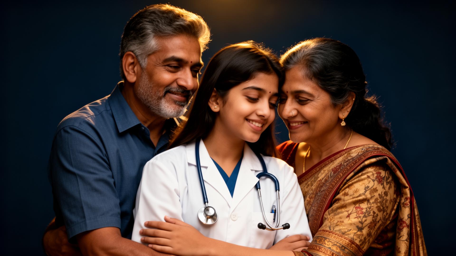 Indian parents with their daughter, a future doctor
